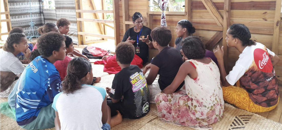 Sister Hem Lata is a Fijian retired midwife who was deployed to Vanua Levu Fiji to support the response for Tropical Cyclones Yasa and Ana in 2021. She was stationed at the Savusavu Women Friendly Spaces with three other retired midwives to provide essential sexual reproductive health and gender-based violence information and services. Sister Hem Lata conudcted outreach sessions,  delivering information awareness sessions to adolescent girls on menstrual hygiene and management as part of the distribution of Menstrual Hygiene Kits. ©UNFPA Pacific