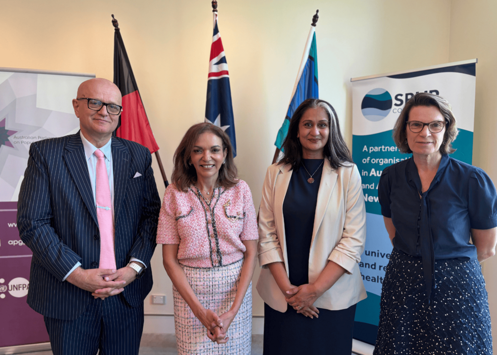 (L-R) Dr Aleksandar (Sasha) Bodiroza, Regional Director for UNFPA Asia and the Pacific (a.i.); Dr Anne Aly MP, Minister for Small Business, International Development and Multicultural Affairs, Ms Bidisha Pillai, UNFPA Director and Representative for the Pacific Islands; Sue Shilbury, CEO of Family Planning Australia
