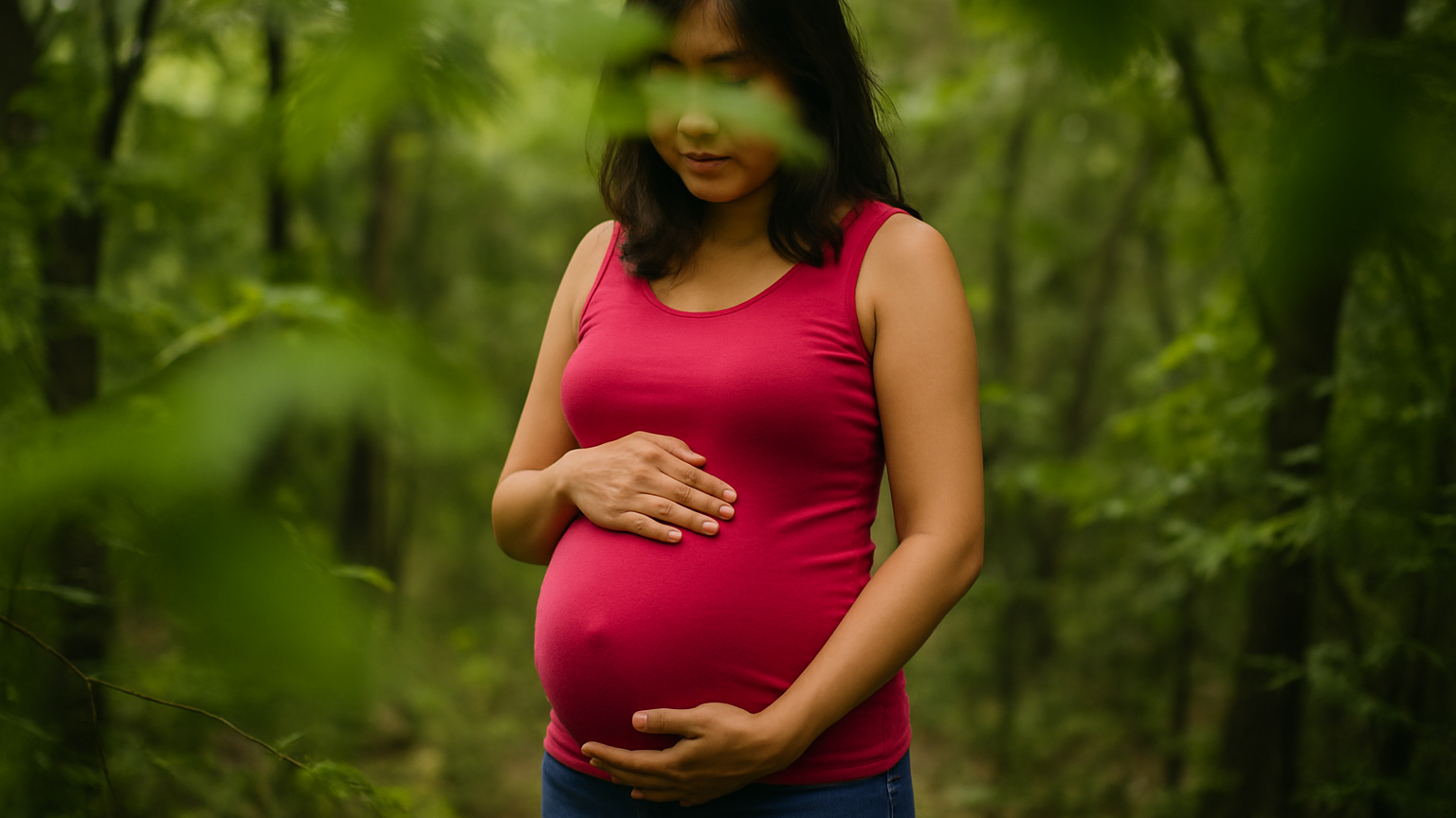 A pregnant woman in the forest
