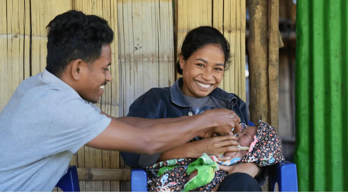 Ms. Oliviana Maria Ornai and her husband, Bonjono da Costa, are filled with joy and smiles as they welcome their newborn after a successful delivery at the BEmONC Center.